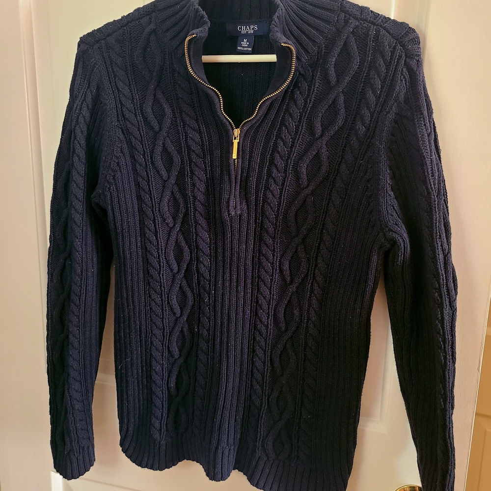 Chaps Womens Navy Cable Knit Sweater With Zip Neck